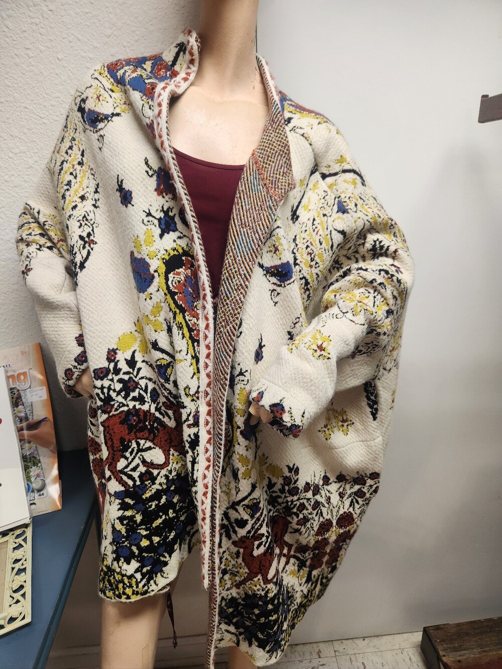 Aldo Martins Long Multi Color Woodland Deer Sweater Cardigan Coat Wool Blend